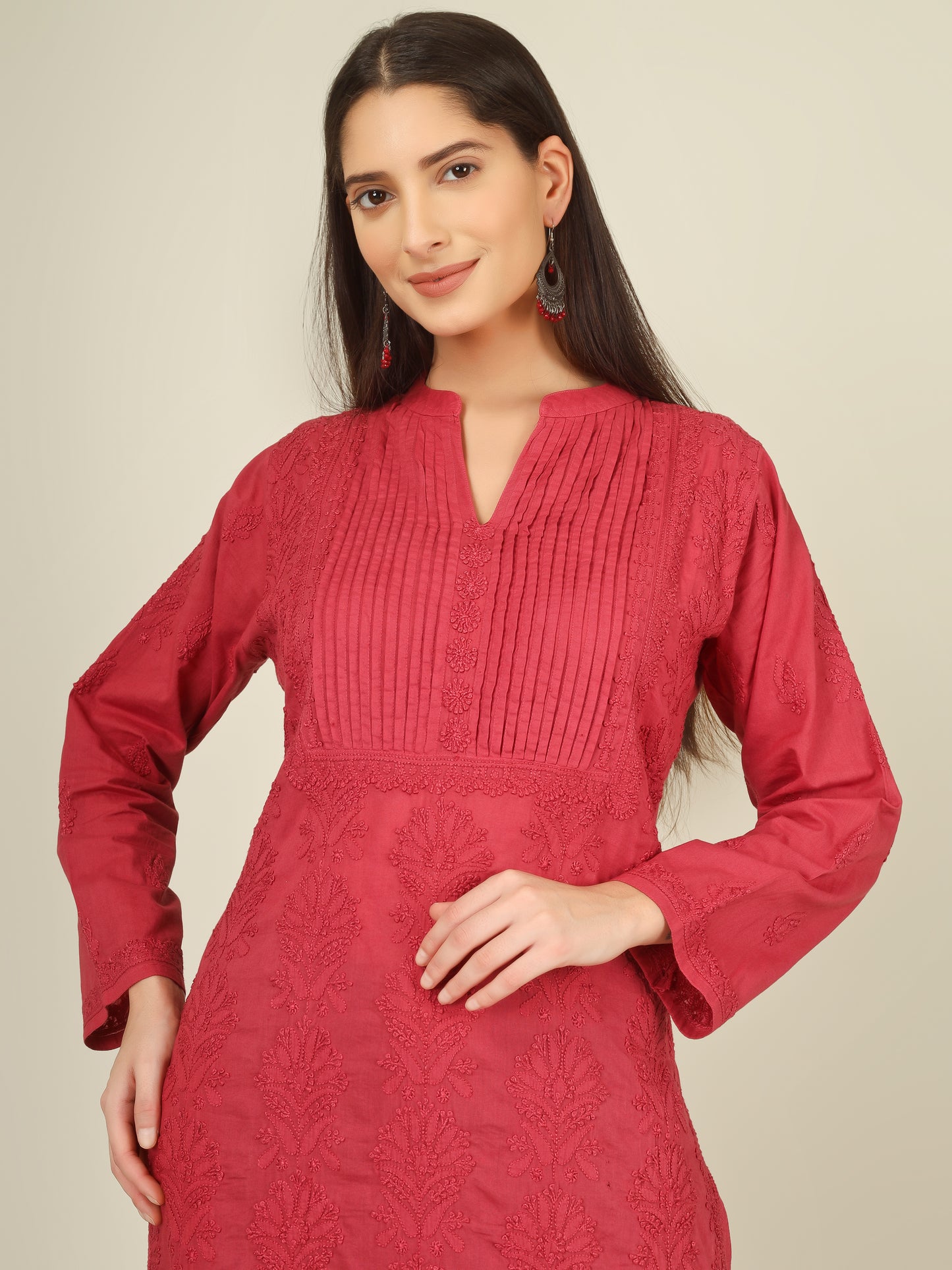 'Vintage Ruby' Pleated Band Neck Maroon Mul Cotton Chikankari Long Kurti