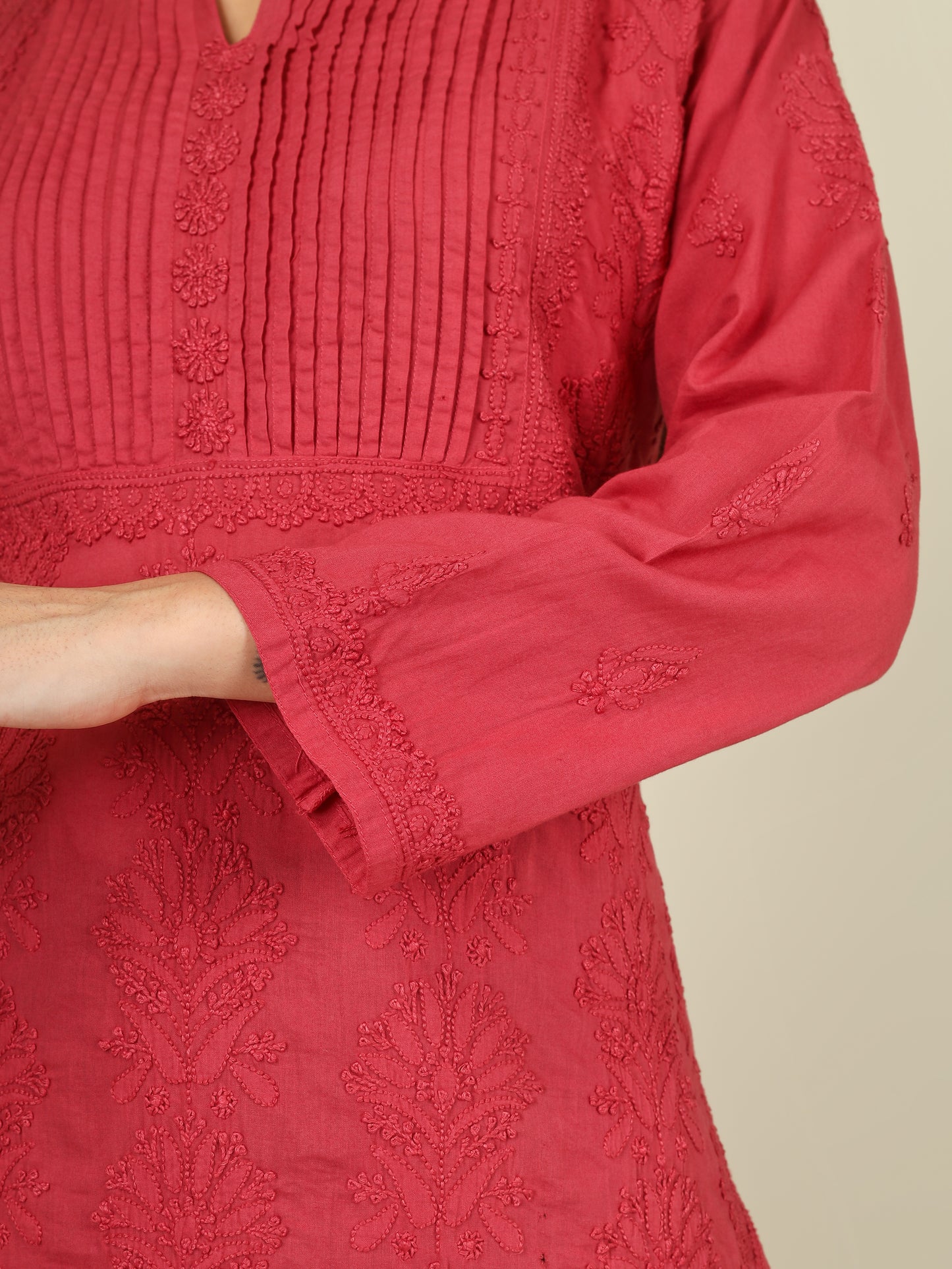 'Vintage Ruby' Pleated Band Neck Maroon Mul Cotton Chikankari Long Kurti