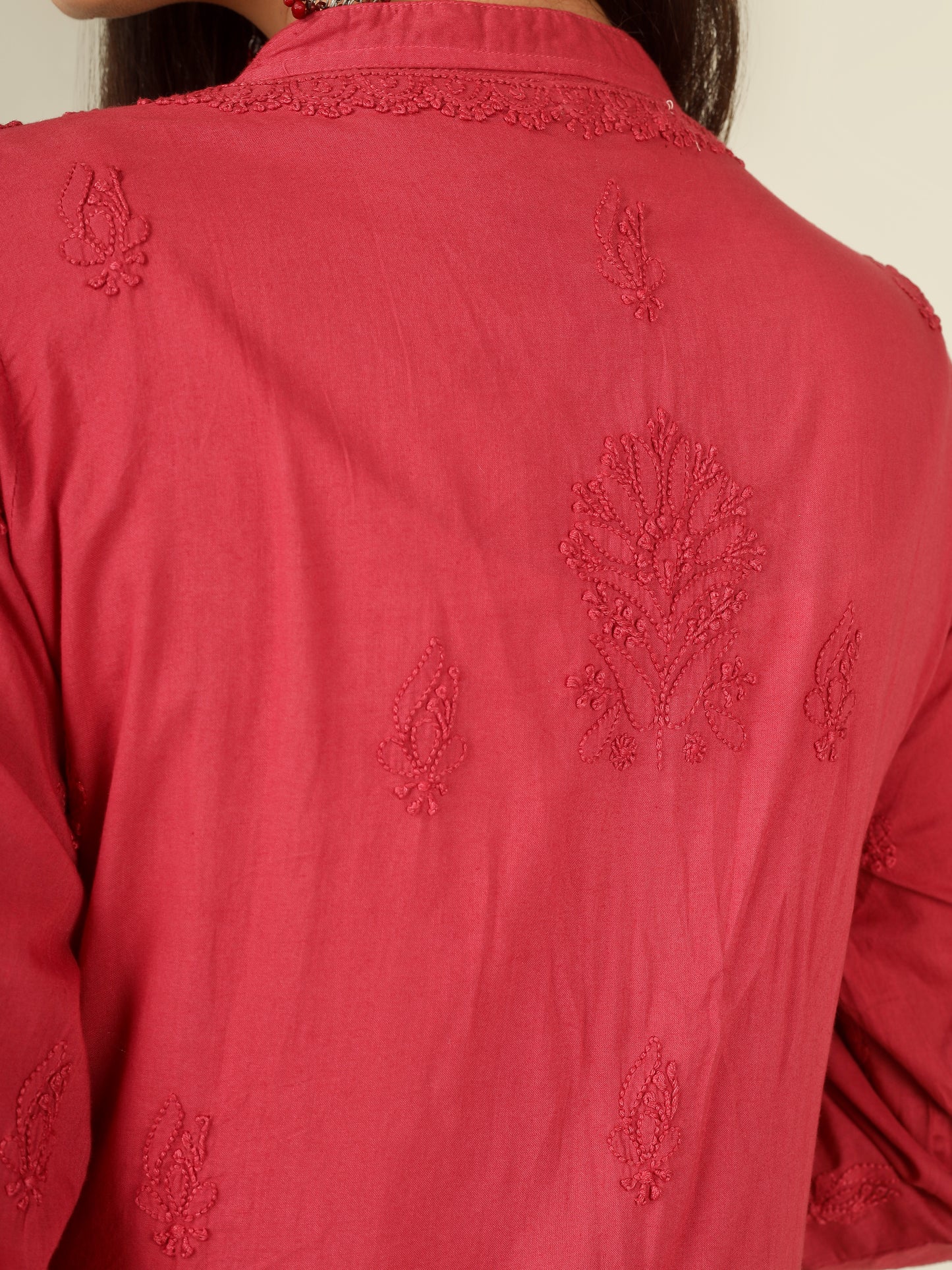 'Vintage Ruby' Pleated Band Neck Maroon Mul Cotton Chikankari Long Kurti