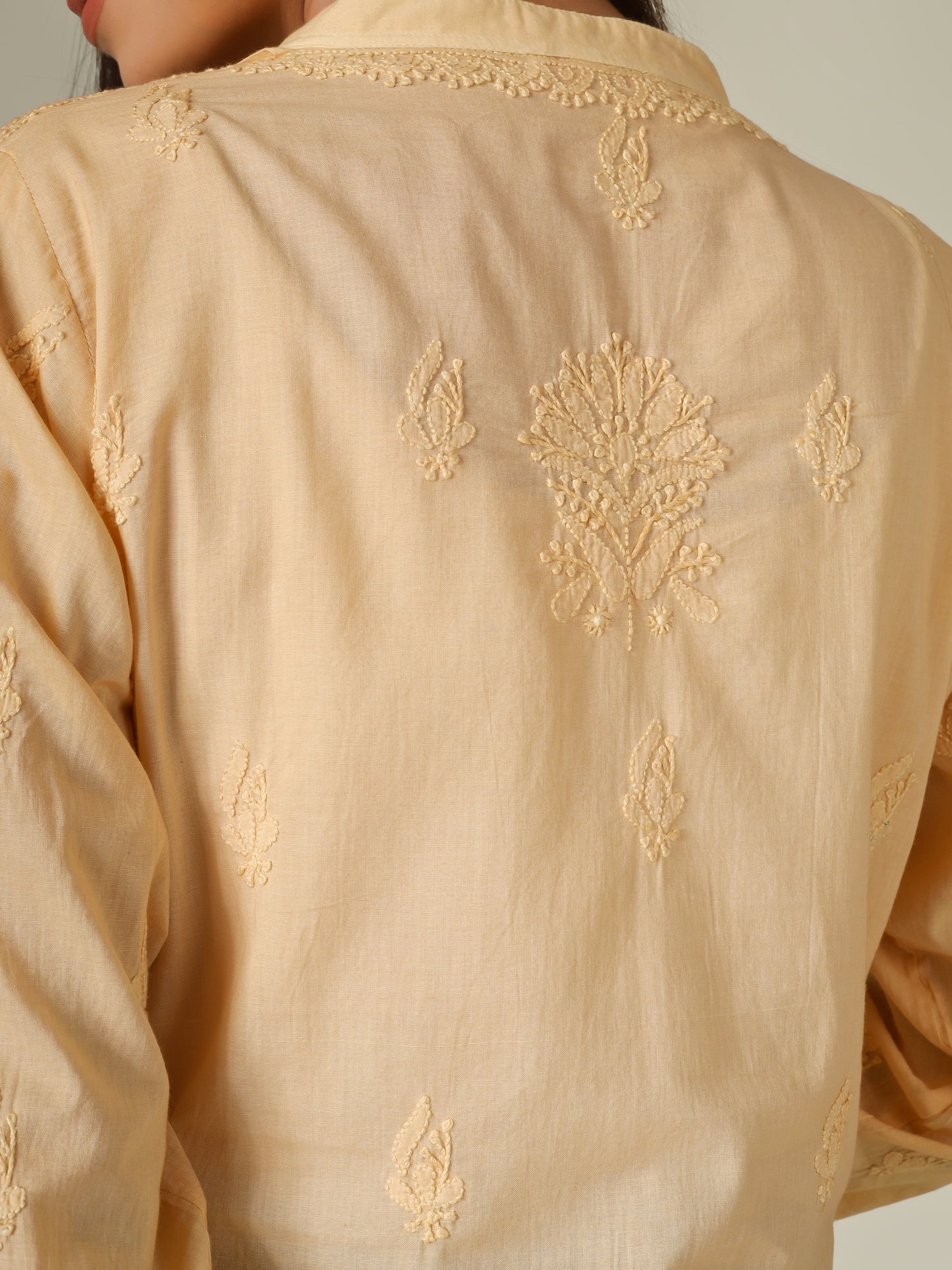 'Classy Beige' Pleated Band Neck Mul Cotton Chikankari Long Kurti