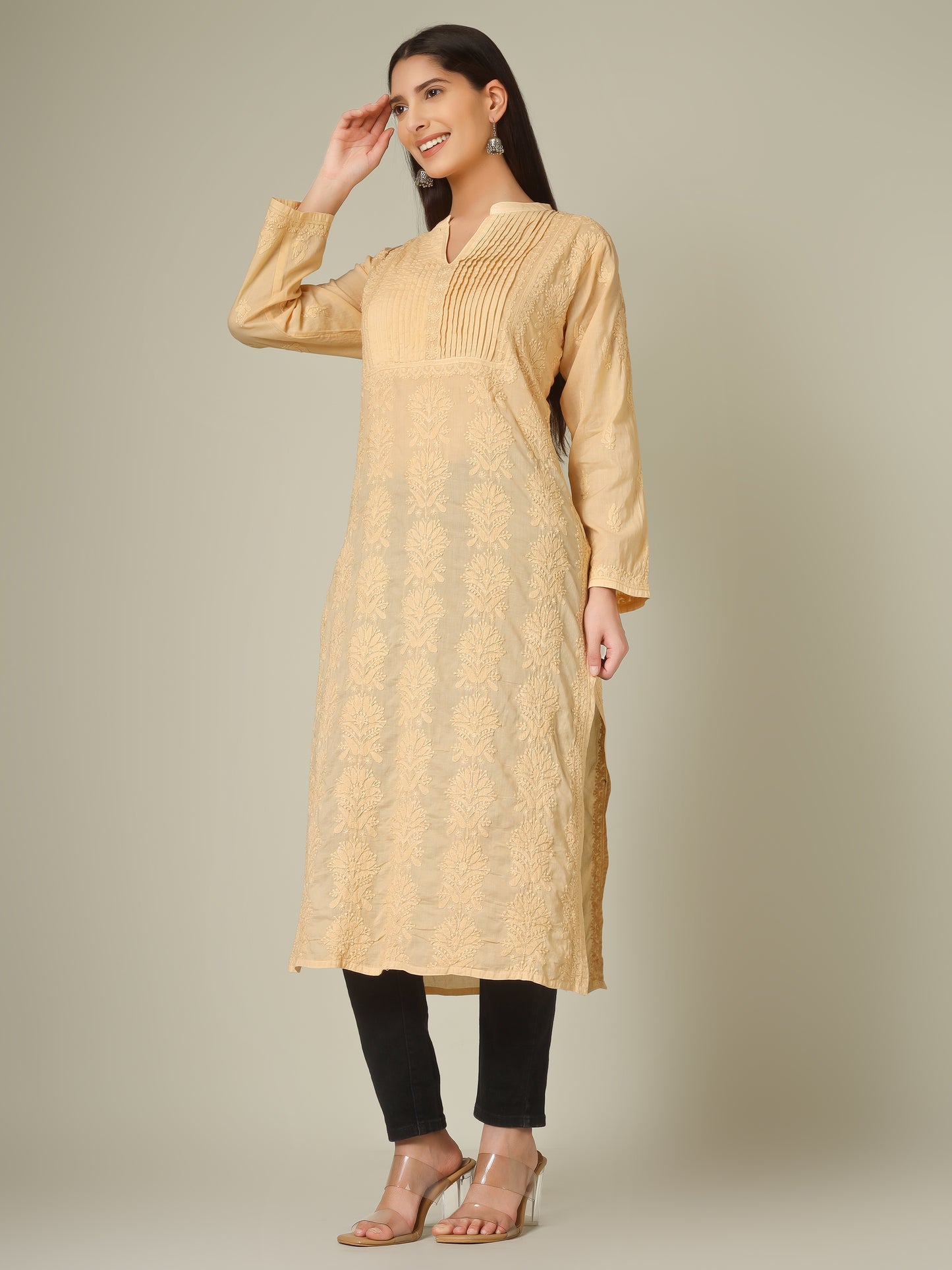 'Classy Beige' Pleated Band Neck Mul Cotton Chikankari Long Kurti