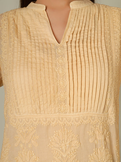 'Classy Beige' Pleated Band Neck Mul Cotton Chikankari Long Kurti