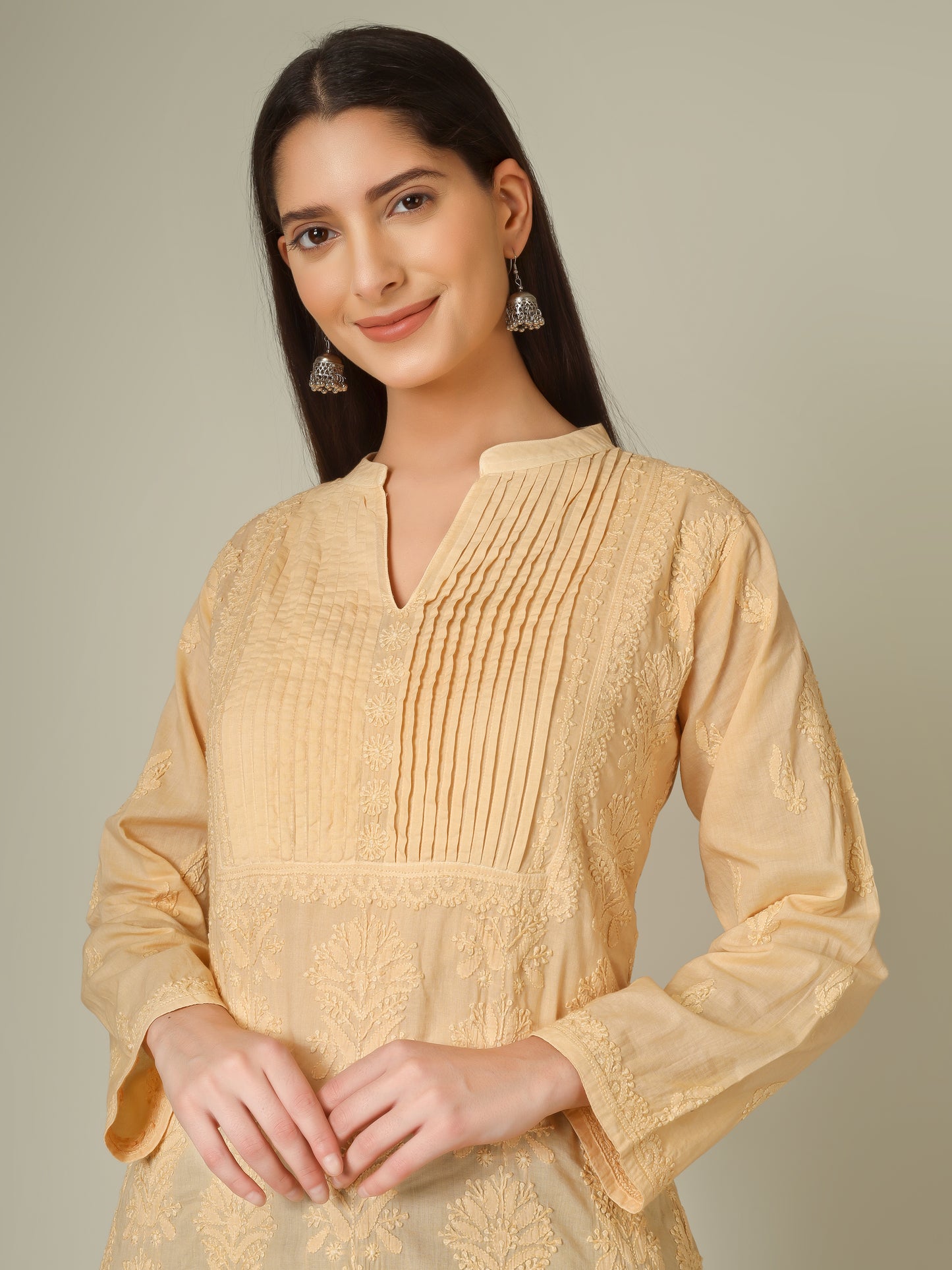 'Classy Beige' Pleated Band Neck Mul Cotton Chikankari Long Kurti