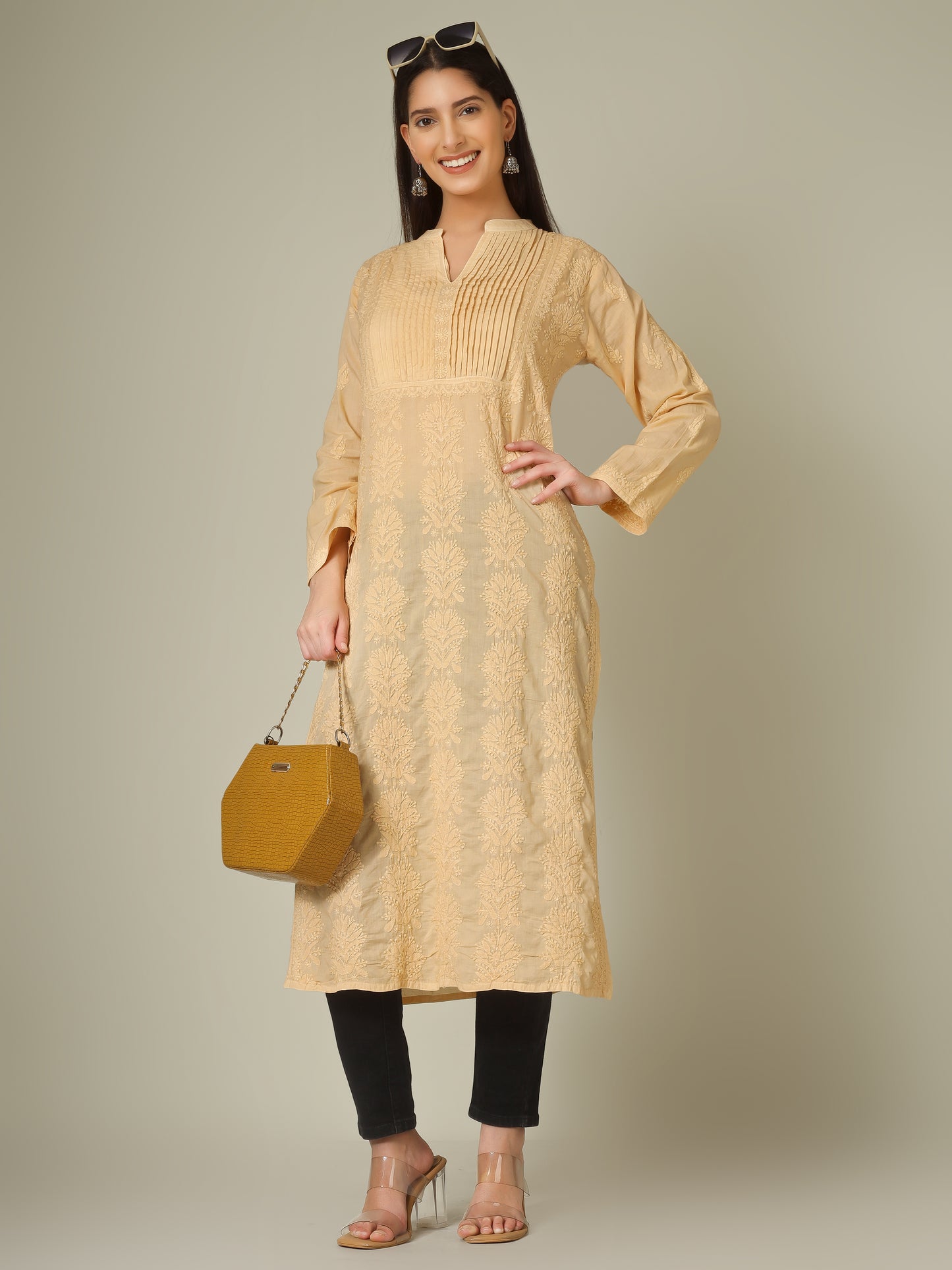 'Classy Beige' Pleated Band Neck Mul Cotton Chikankari Long Kurti