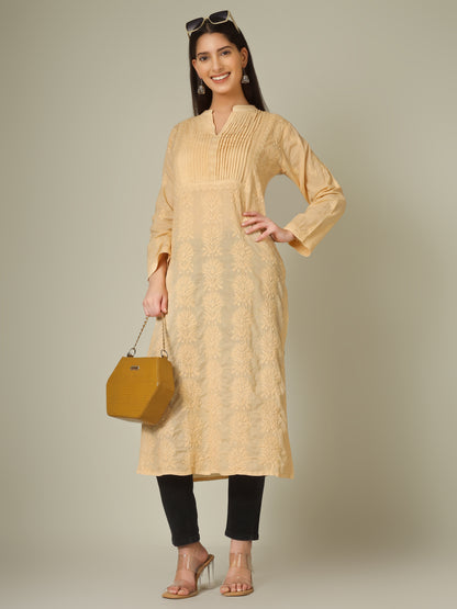'Classy Beige' Pleated Band Neck Mul Cotton Chikankari Long Kurti