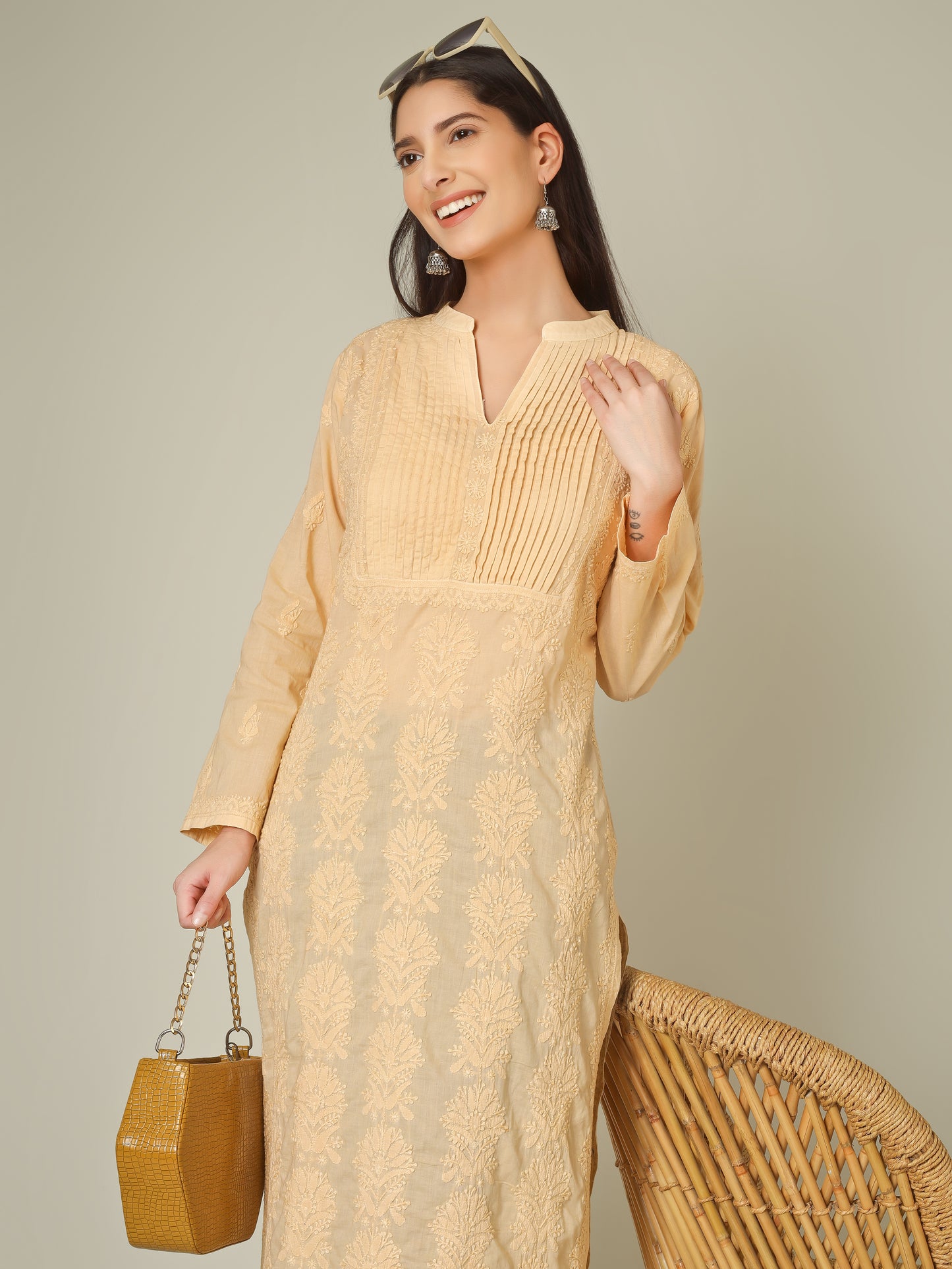 'Classy Beige' Pleated Band Neck Mul Cotton Chikankari Long Kurti