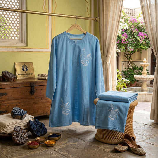 Blue Meadow Semi-Stitched Chikankari Coord Set