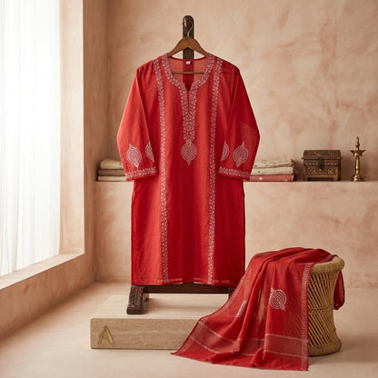 'Crimson Bloom' Mul Chanderi Chikankari Unstitched Set
