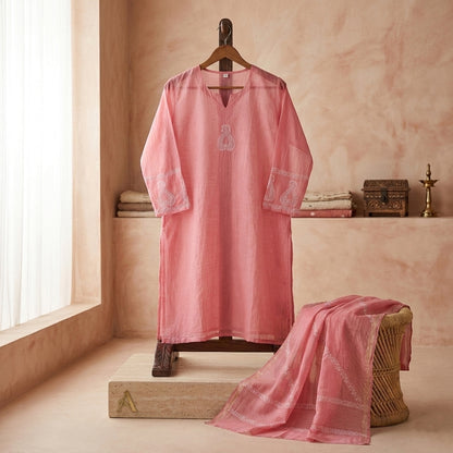 'Rosy Dawn' Mul Chanderi Chikankari Unstitched Set