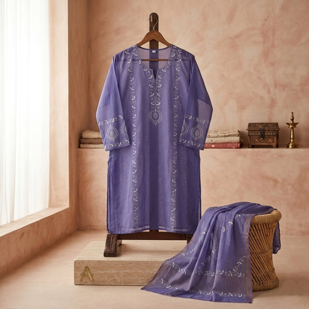 'Lavender Grove' Mul Chanderi Chikankari Unstitched Set