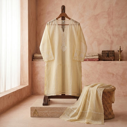 'Vanilla Petals' Mul Chanderi Chikankari Unstitched Set