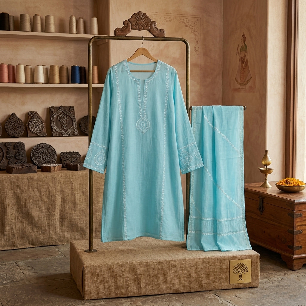 'Sky Veil' Blue Mul Chanderi Chikankari Unstitched Set
