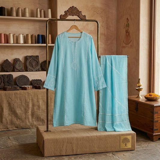 'Sky Veil' Blue Mul Chanderi Chikankari Unstitched Set