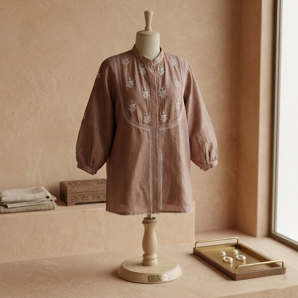 Mocha Muse Chanderi Chikankari Semi-stitched Shirt
