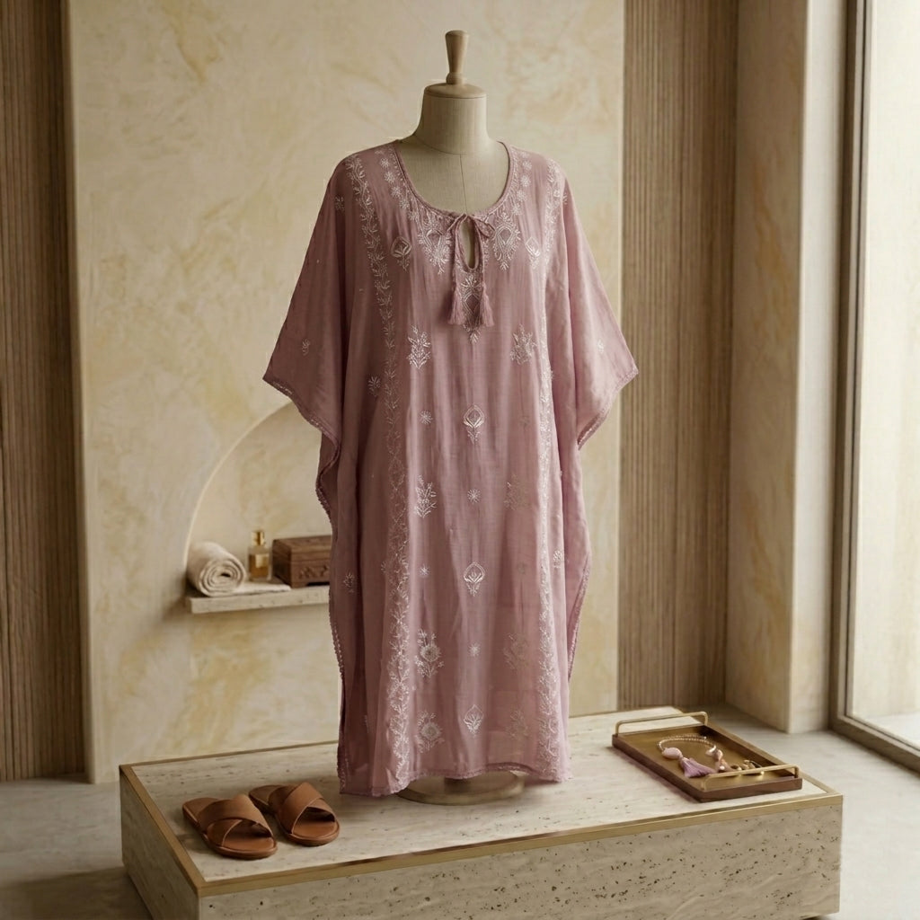'Desert Rose'  Taupe Mul Chanderi Chikankari Semi-stitched Kaftan