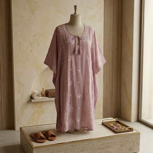 'Desert Rose'  Taupe Mul Chanderi Chikankari Semi-stitched Kaftan