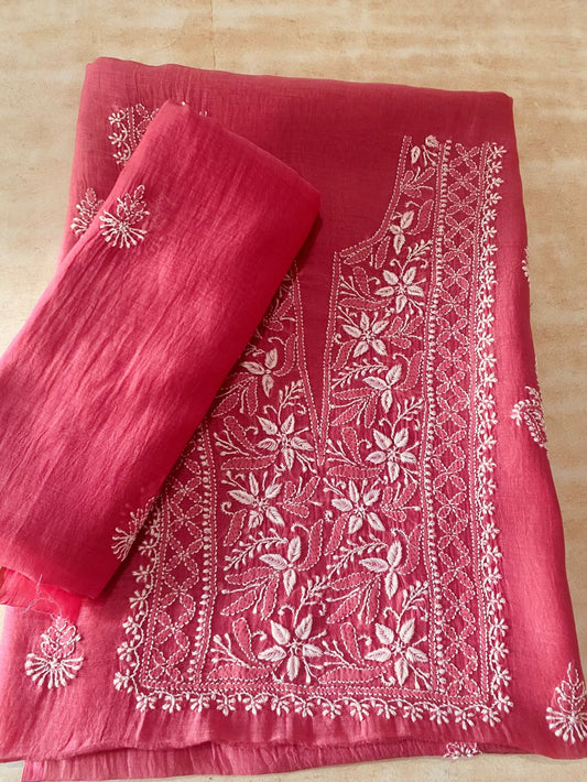 'Dusky Pink' Mul Chanderi Unstitched Chikankari Suit Set