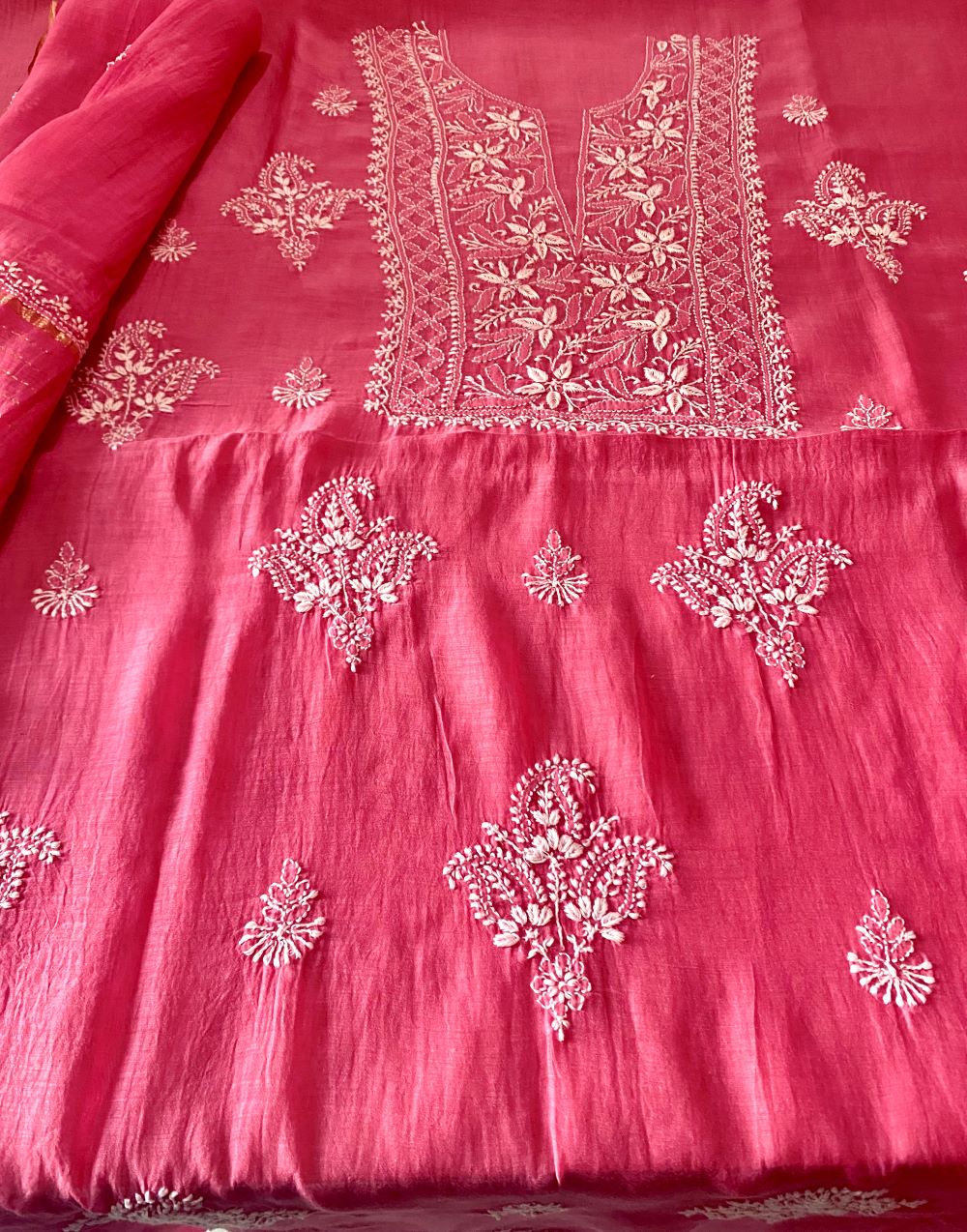 'Dusky Pink' Mul Chanderi Unstitched Chikankari Suit Set