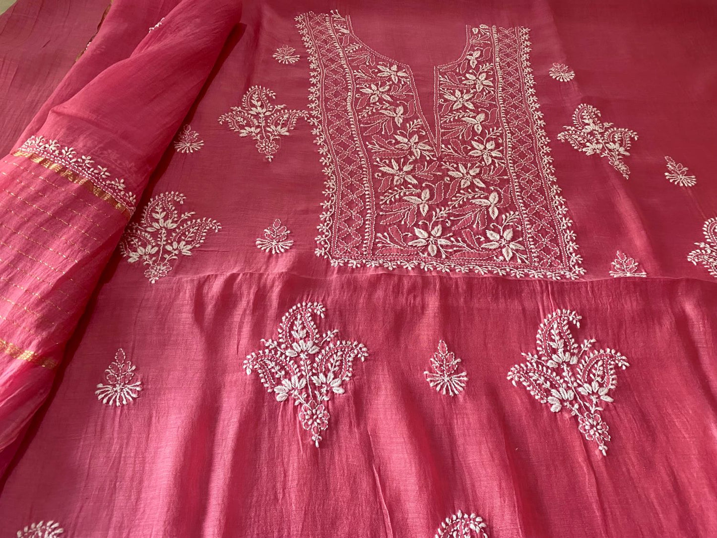 'Dusky Pink' Mul Chanderi Unstitched Chikankari Suit Set