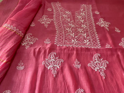 'Dusky Pink' Mul Chanderi Unstitched Chikankari Suit Set