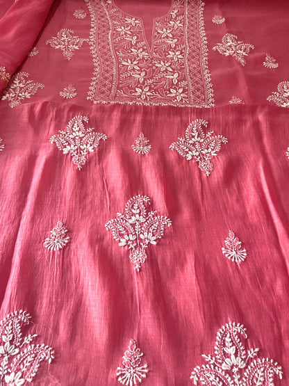 'Dusky Pink' Mul Chanderi Unstitched Chikankari Suit Set