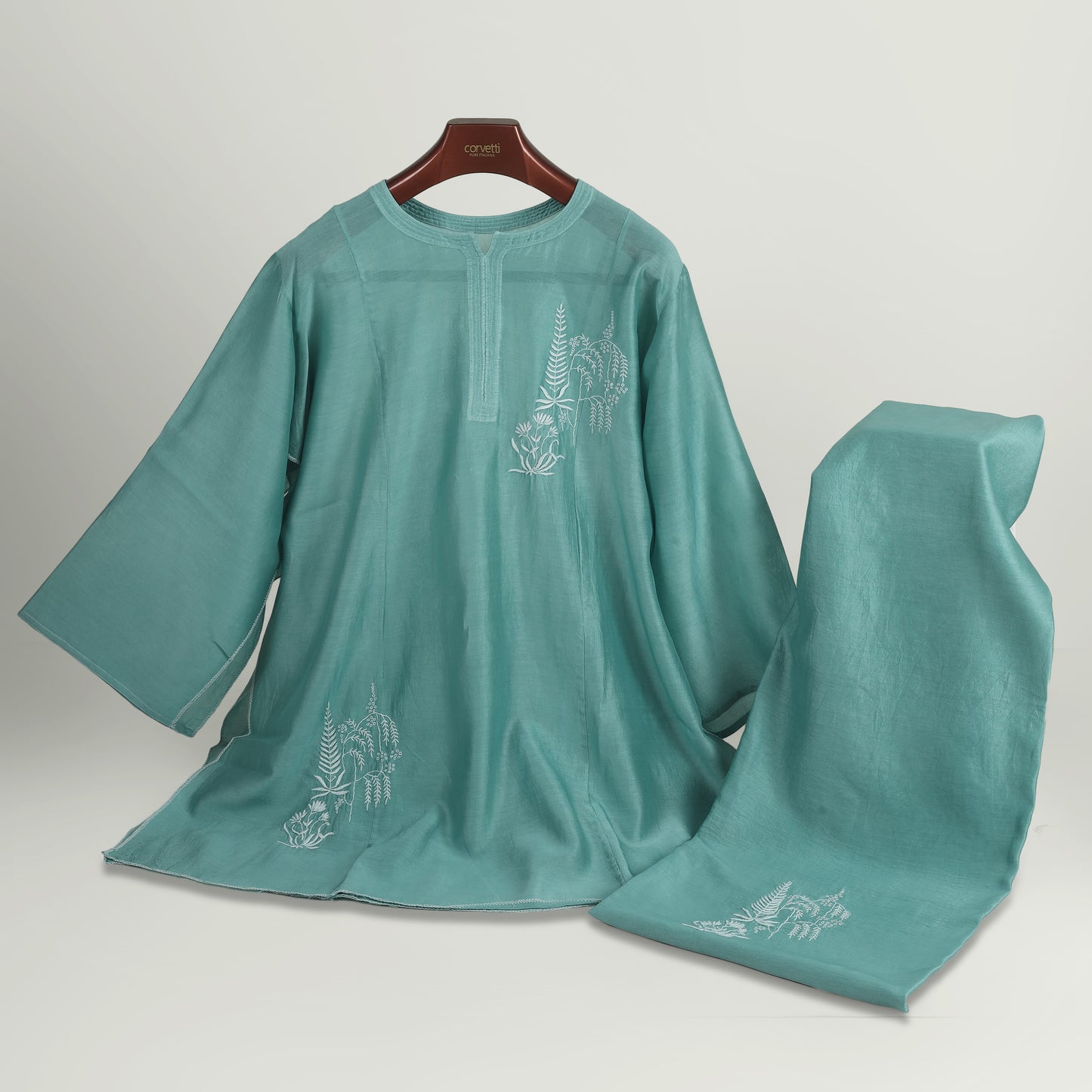 Serene Lagoon Mul Chanderi Semi-Stitched Chikankari Coord Set