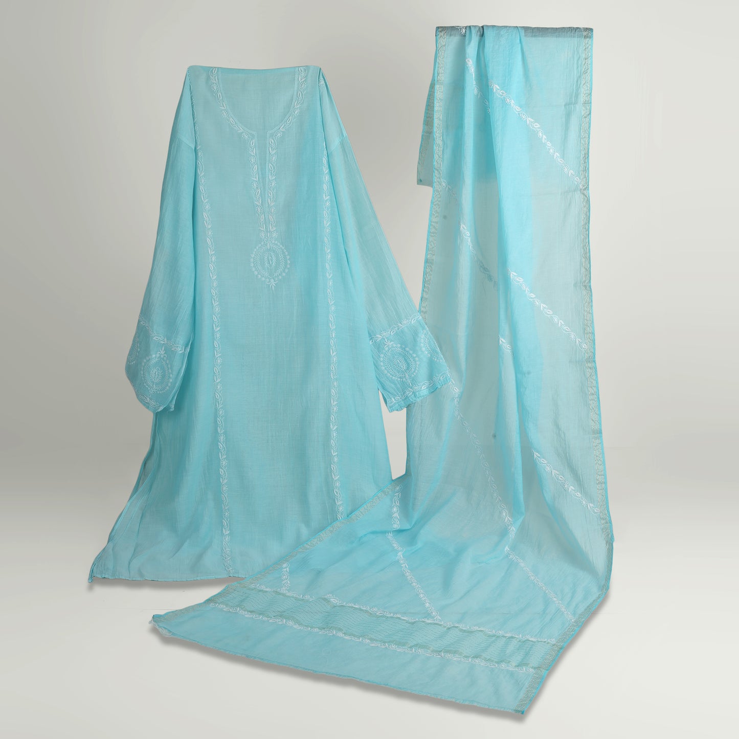 'Sky Veil' Blue Mul Chanderi Chikankari Unstitched Set