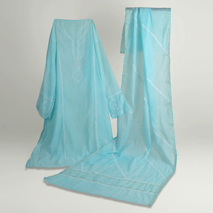 'Sky Veil' Blue Mul Chanderi Chikankari Unstitched Set