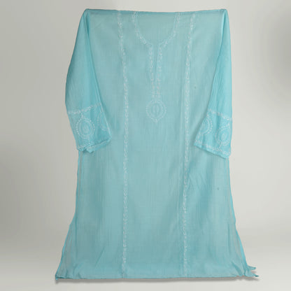 'Sky Veil' Blue Mul Chanderi Chikankari Unstitched Set