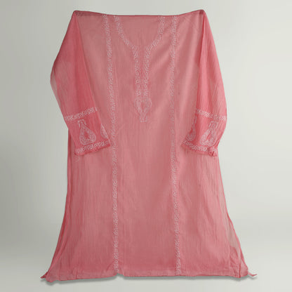 'Rosy Dawn' Mul Chanderi Chikankari Unstitched Set