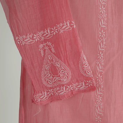 'Rosy Dawn' Mul Chanderi Chikankari Unstitched Set