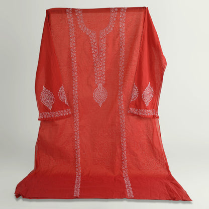 'Crimson Bloom' Mul Chanderi Chikankari Unstitched Set