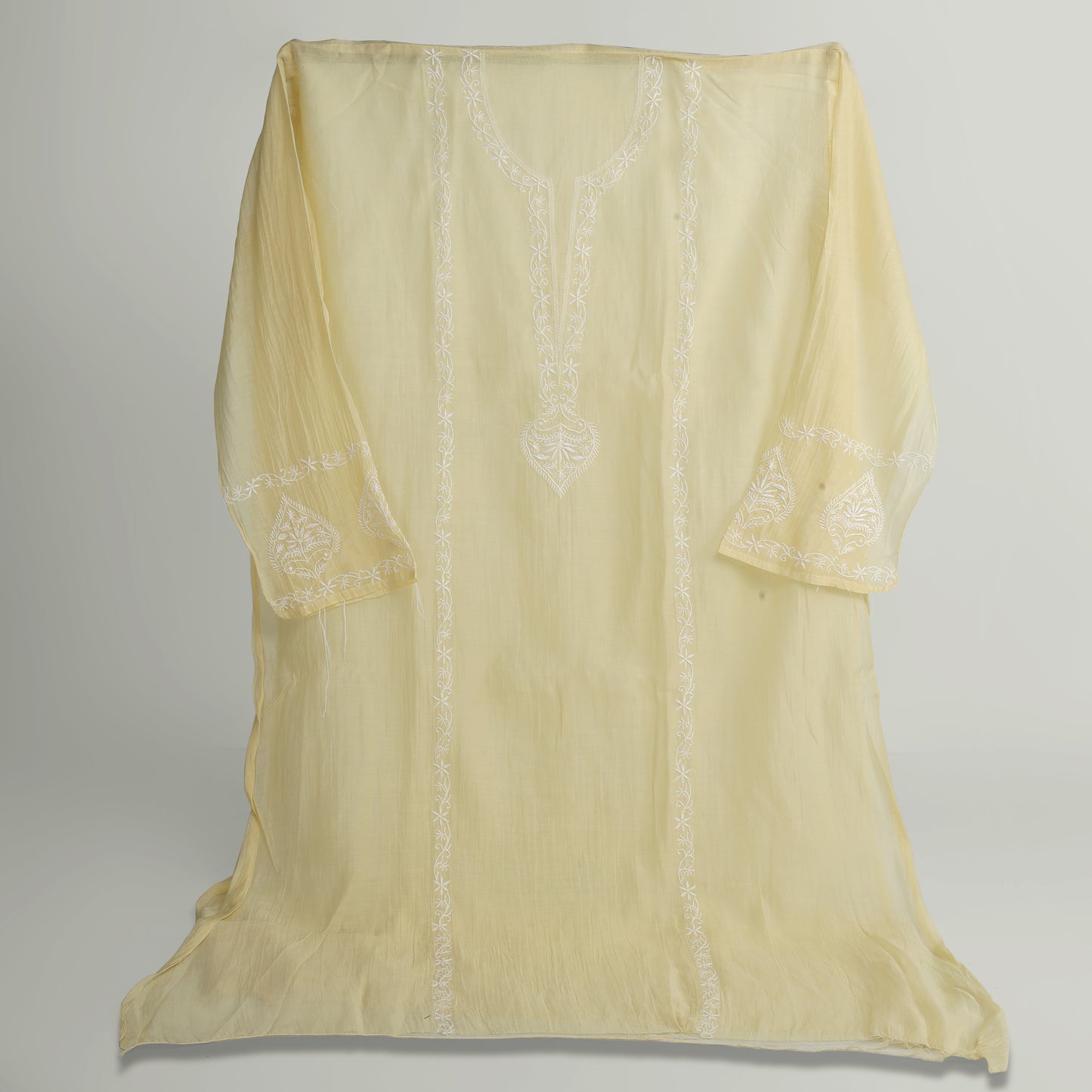 'Vanilla Petals' Mul Chanderi Chikankari Unstitched Set