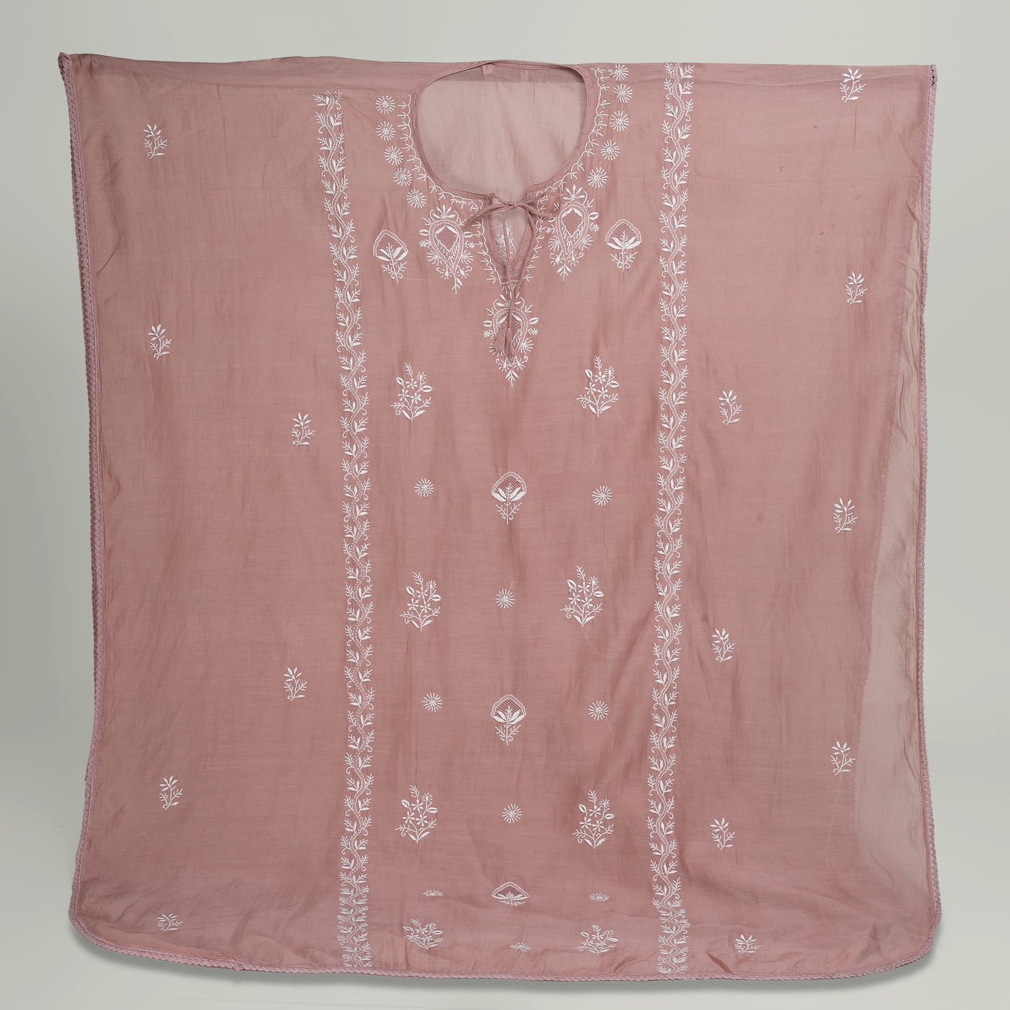 'Desert Rose'  Taupe Mul Chanderi Chikankari Semi-stitched Kaftan