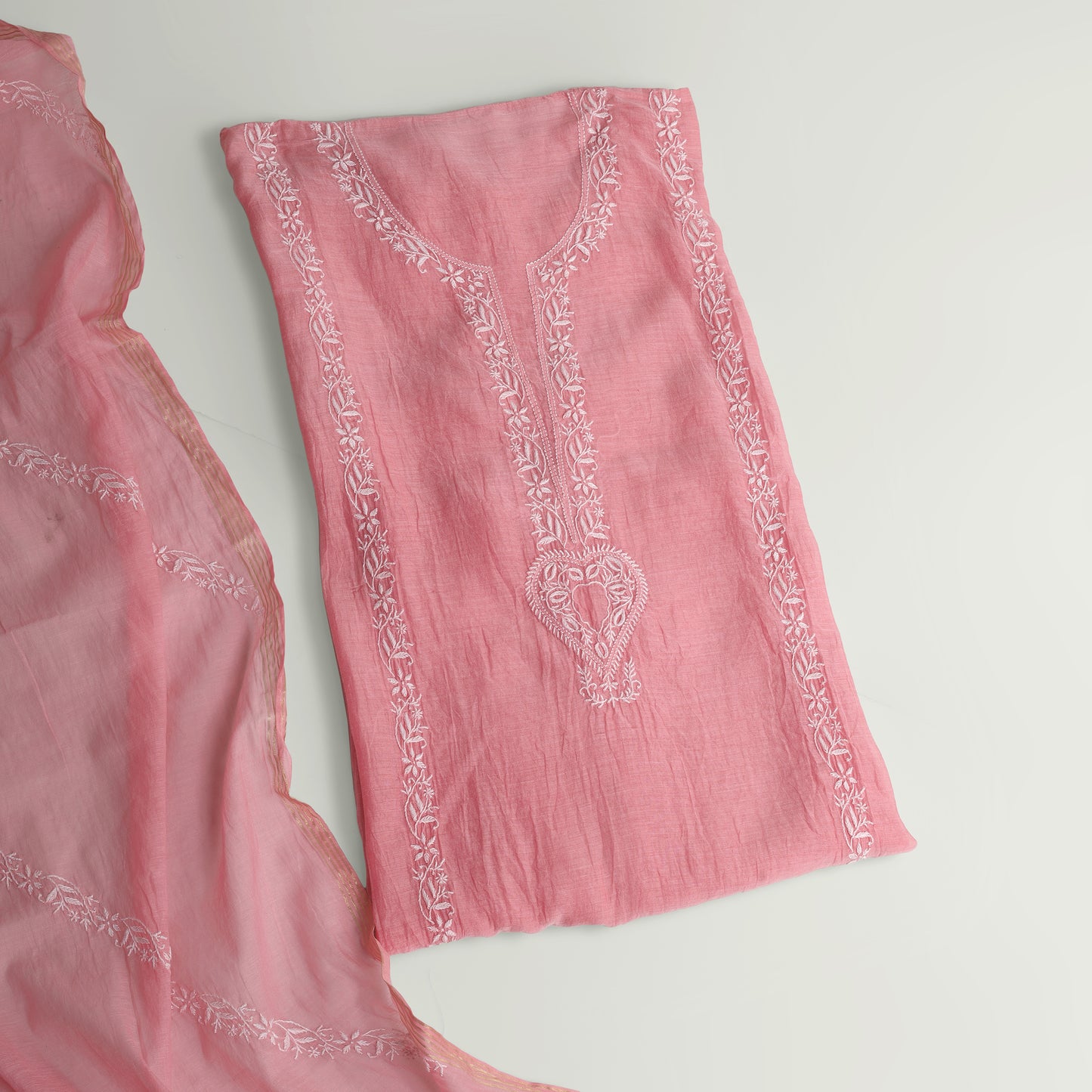 'Rosy Dawn' Mul Chanderi Chikankari Unstitched Set