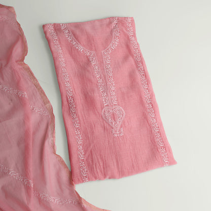 'Rosy Dawn' Mul Chanderi Chikankari Unstitched Set