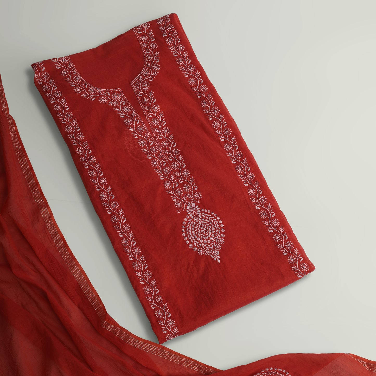 'Crimson Bloom' Mul Chanderi Chikankari Unstitched Set