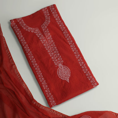 'Crimson Bloom' Mul Chanderi Chikankari Unstitched Set