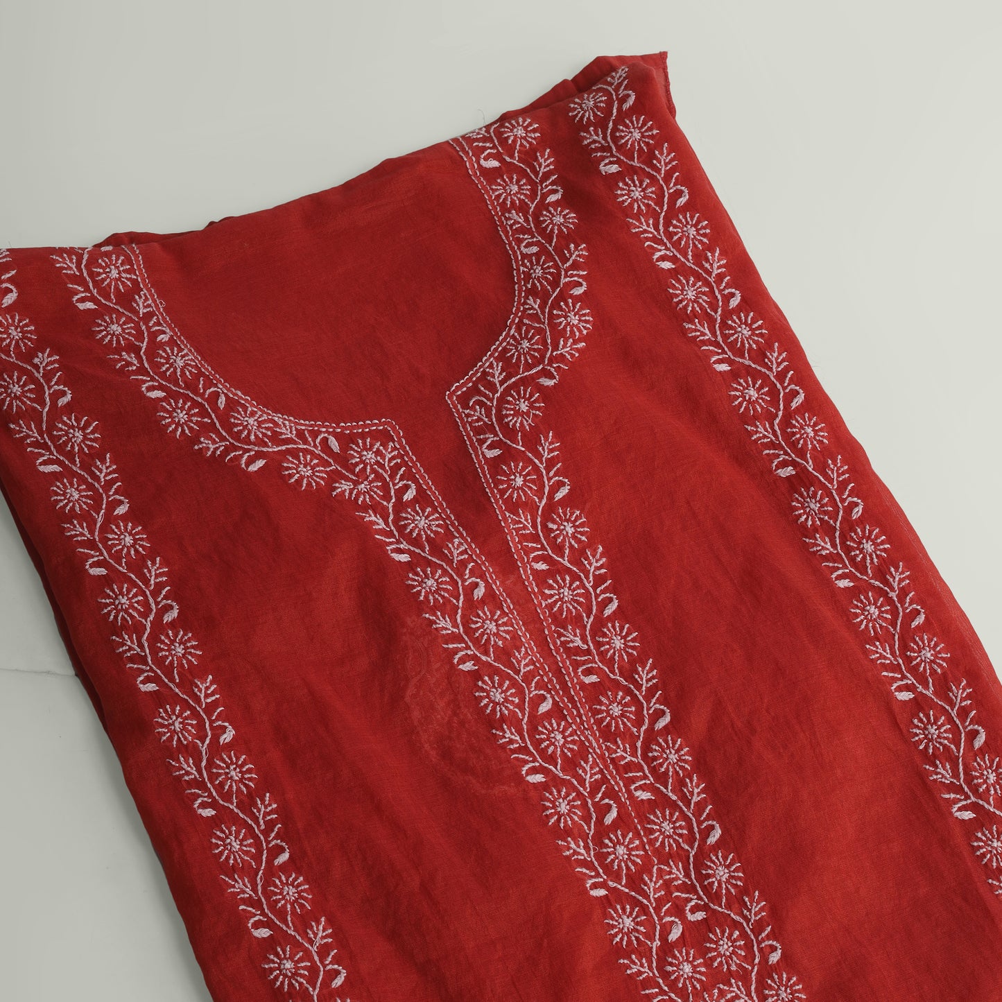 'Crimson Bloom' Mul Chanderi Chikankari Unstitched Set