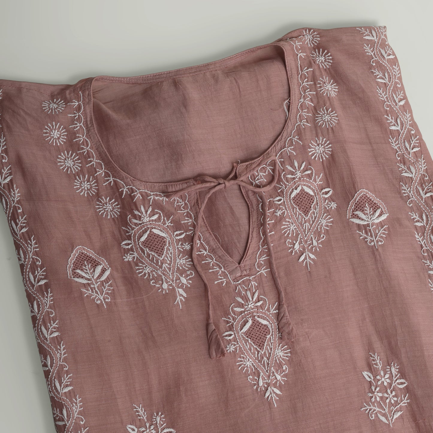 'Desert Rose'  Taupe Mul Chanderi Chikankari Semi-stitched Kaftan