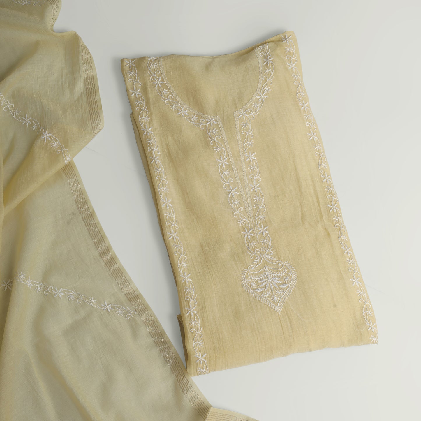 'Vanilla Petals' Mul Chanderi Chikankari Unstitched Set