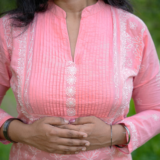 'Coral Rose' Orange Collared  Mul Cotton Chikankari Kurti