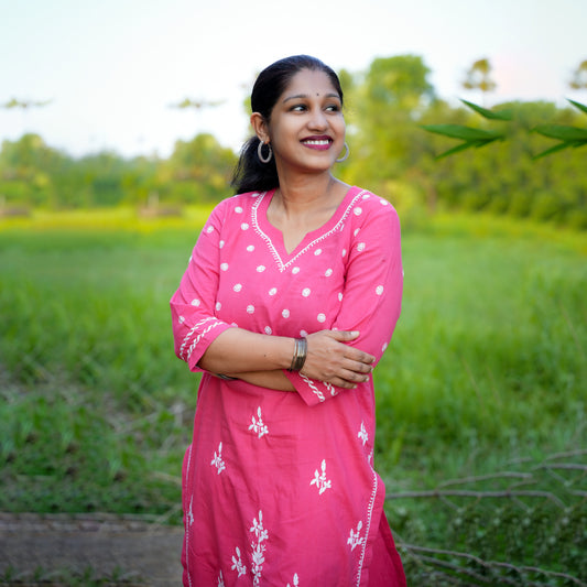 'Gulabi Glow' Pink Mul Cotton Chikankari Kurti