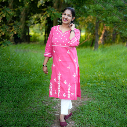 'Gulabi Glow' Pink Mul Cotton Chikankari Kurti