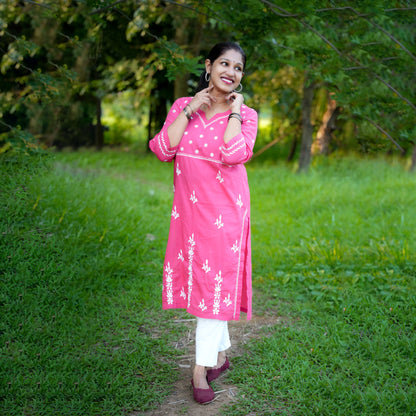 'Gulabi Glow' Pink Mul Cotton Chikankari Kurti