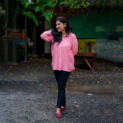 'Vintage Rose' Pink Muslin Chikankari Short Collared Shirt