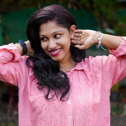 'Vintage Rose' Pink Muslin Chikankari Short Collared Shirt