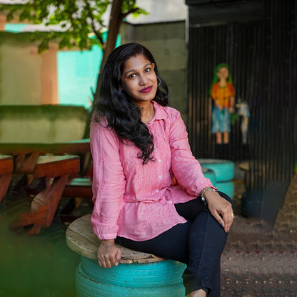 'Vintage Rose' Pink Muslin Chikankari Short Collared Shirt