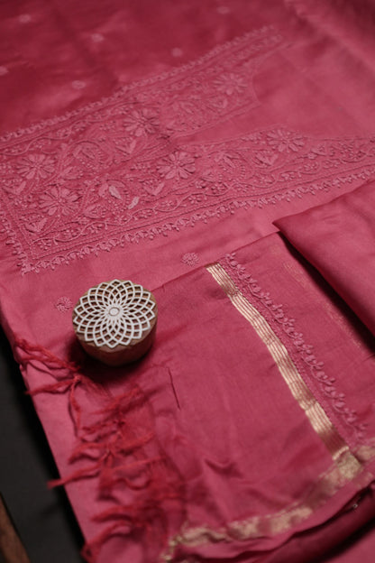 Mauve Pink Chanderi Unstitched Chikankari Suit Set