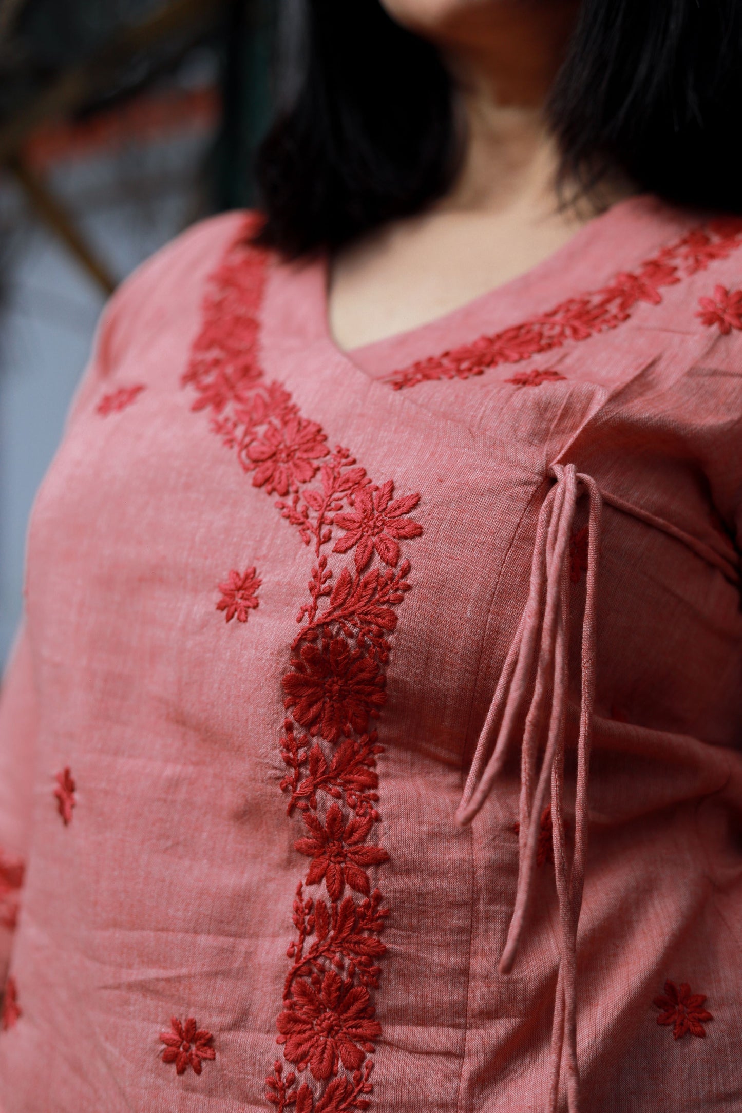 'Pankhuri Gulaab ki' Rustic Red Cotton  Chikankari Angrakha Short Kurti